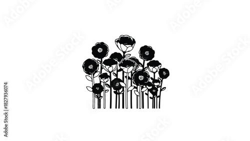 Whimsical black and white illustration of blooming flowers with striped stems on a white background.