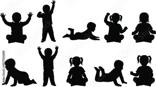 Silhouettes set of cute babies and toddlers playing, crawling, sitting, waving hands, and exploring different stages of early childhood development on a white background.