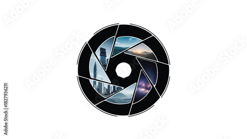 Creative aperture with diverse landscape scenes symbolizing photographic possibilities