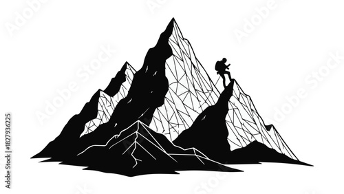 Lone hiker reaches the summit of a majestic mountain, embodying perseverance and achievement.