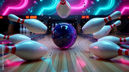 Futuristic glowing bowling ball smashing into pins for a perfect strike in a neon lit alley, depicted in cinematic slow motion 3D animation illustrating success and power concepts.