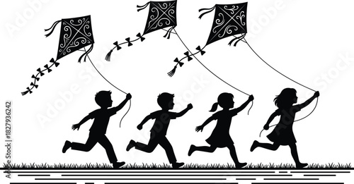 Silhouettes of four happy children, two boys and two girls, running across the grass while flying three ornate black kites, symbolizing freedom, childhood, and outdoor fun.