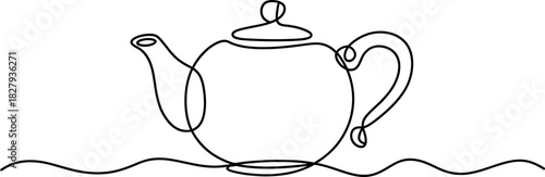Continuous line drawing of a classic teapot with spout, handle, and lid, symbolizing tea time, comfort, and elegant simplicity. Vector, illustration