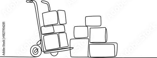 Continuous line drawing of a hand truck or dolly carrying stacked cardboard boxes next to additional packages, symbolizing logistics and delivery services Vector, illustration