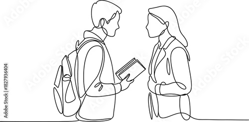 Continuous line art drawing of two young students discussing education, one holding books and a backpack, symbolizing learning and knowledge sharing. Vector, illustration
