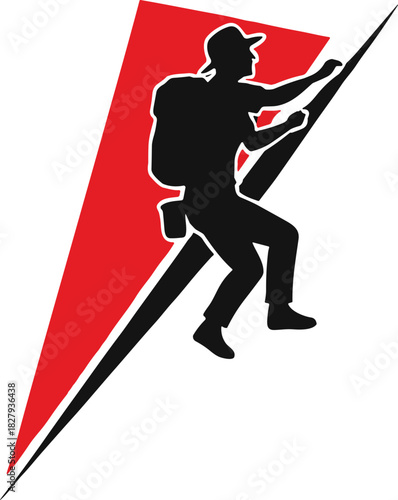 Vector logo silhouette of a climber or hiker ascending a steep, sharp, red and black geometric triangle, symbolizing challenge and adventure.