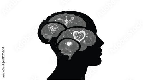 Abstract illustration of a human head silhouette with layered brains filled with glowing hearts and cosmic patterns, symbolizing love and thought.