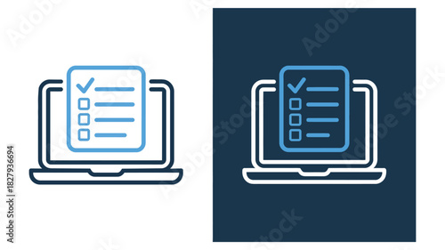 dual laptop checklist icon set in blue and white, representing digital forms, task management, productivity, and online organization tools