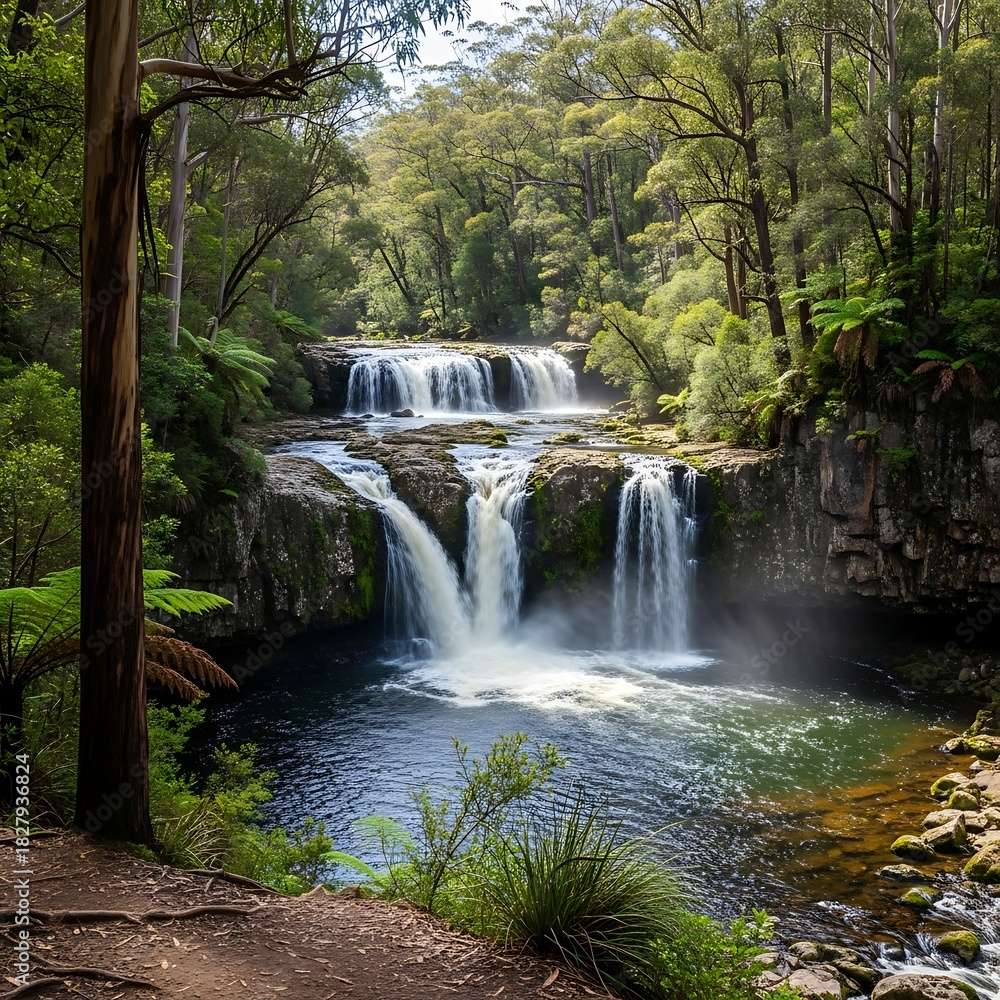 Fototapeta premium A serene cascading waterfall flows into a pool surrounded by lush green foliage and towering trees in a verdant forest