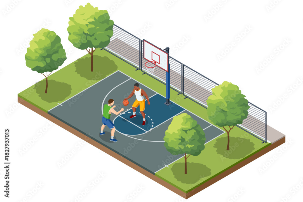 Naklejka premium Isometric illustration of two basketball players on an outdoor court surrounded by trees and a metal fence. Urban sports scene with active gameplay. Basketball court