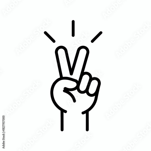 Hand Gesture Symbolizing Peace and Victory in Black and White Outline Style Illustration