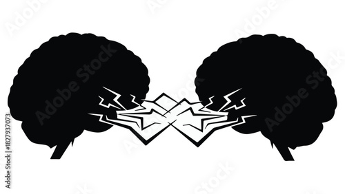Two stylized brains facing each other, symbolizing a clash of ideas or intense mental connection