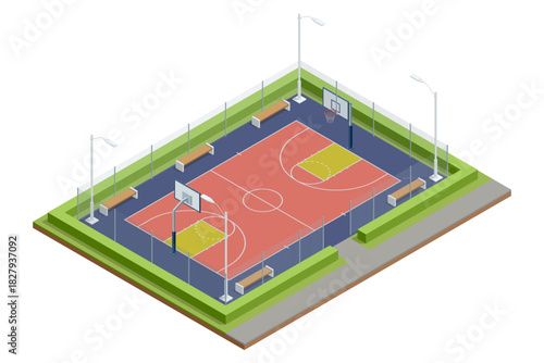 Basketball court. Isometric outdoor basketball court with bleachers, trees, scoreboard, and adjacent parking area. Detailed sports facility illustration.
