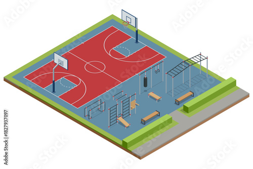 Basketball court. Isometric outdoor basketball court with bleachers, trees, scoreboard, and adjacent parking area. Detailed sports facility illustration.