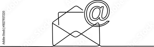 Continuous line drawing of an open envelope and an at symbol, representing email communication, digital contact, and modern messaging. Vector, illustration