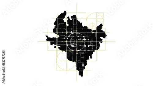 Abstract digital blueprint of a complex, interconnected system with geometric overlay