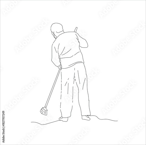 Man janitor sweeping street with broom. Cleaning service. 