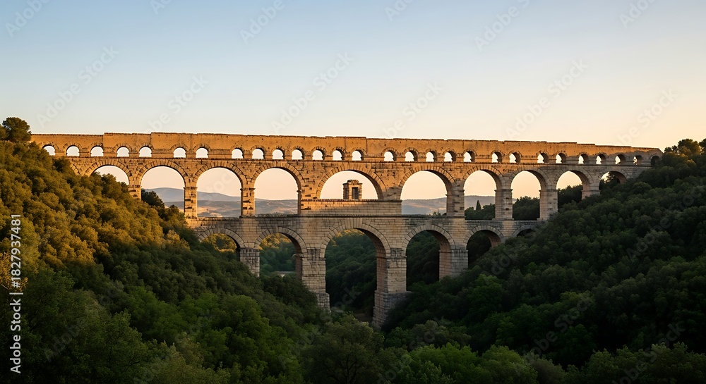 Obraz premium Ancient Roman Aqueduct Pont du Gard in Southern France at Sunset.