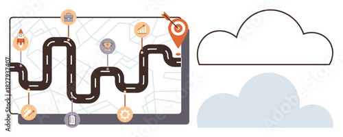 Curved path highlighting milestones with goal icon, graph, gear, rocket, trophy, briefcase, clipboard. Ideal for strategy, planning success journey milestones business goals simple flat metaphor