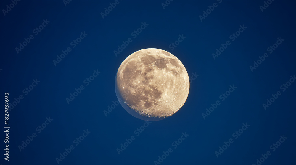 Fototapeta premium A full moon shines brightly against a deep blue sky creating a stark contrast in color