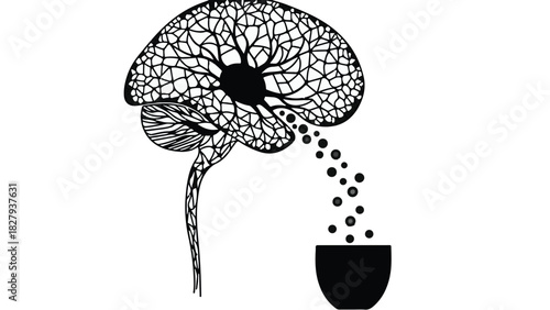 Intricate brain illustration pouring thoughts into a cup, symbolizing ideas and creativity