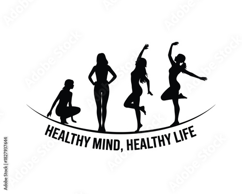 Healthy mind healthy life silhouette of women in various poses 