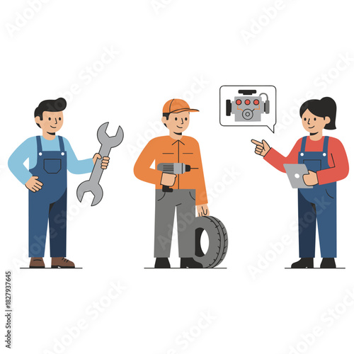 Mechanic Team Collaboration: A group of skilled mechanics collaborating on a vehicle's maintenance, with tools and a tire, showcasing teamwork in the auto repair industry. 