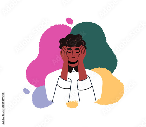 Psychology concept. Thoughtful worried concerned man, mind under pressure, thinking on thoughts, ideas. Anxiety, emotional stress, mental health. Flat vector illustration isolated on white background.