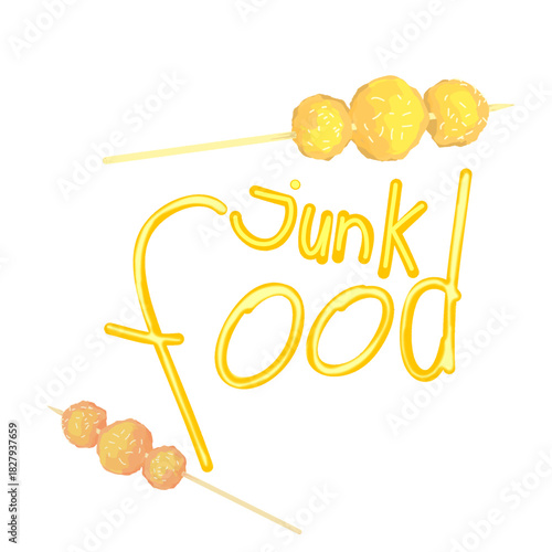 junk food writing with chewy lumps of food skewered with bamboo
