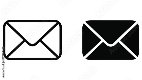 minimalist envelope icon set in black and white style, representing email communication, message status, ui design, and digital correspondence