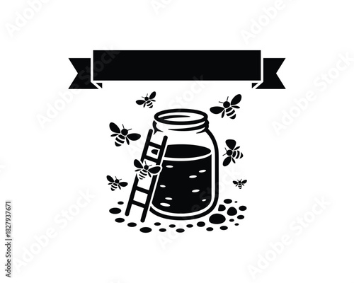 Honey jar with bees flying around 