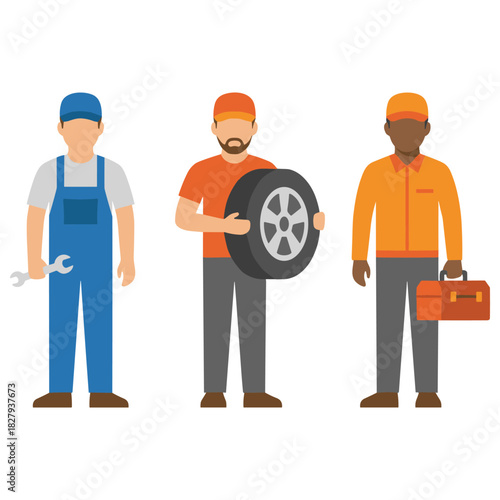 Mechanics at Work: A team of skilled mechanics, each equipped with essential tools and parts, stands ready to assist in the repair and maintenance of vehicles.