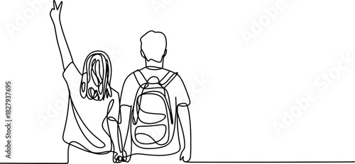 Continuous line drawing of a young couple holding hands, seen from behind, one arm raised in peace sign, other with backpack. Vector, illustration