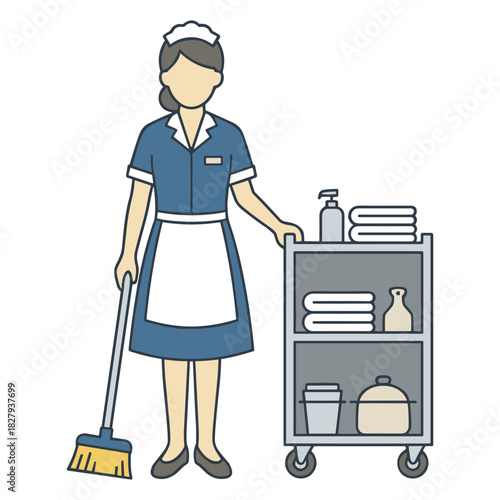 Hotel Maid with Cleaning Supplies: A diligent hotel maid stands beside a service cart, holding a broom, with essential cleaning supplies ready for guest room upkeep.