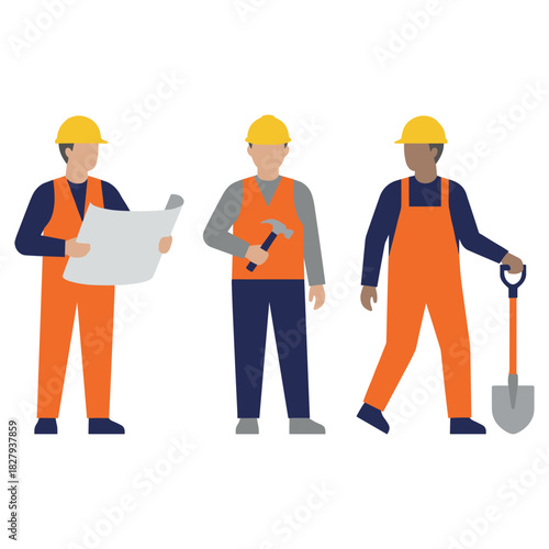 Construction Crew: A group of construction workers, each engaged in a specific task – a blueprint, a hammer, and a shovel – epitomizes the collaboration and expertise required to build.