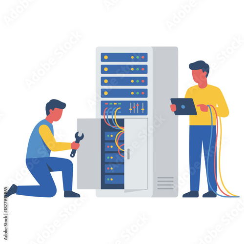Server Technicians at Work: Skilled technicians collaboratively attend to a server cabinet, symbolizing diligent IT management and connectivity with wires and a tablet. 