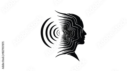 Abstract silhouette of a human head with radiating sound waves symbolizing thought or communication