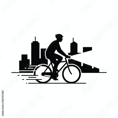 City Biker Silhouette Vector Commuting Cyclist Bicycle Ride Urban Scene Travel Transportation Bike Lane Eco Friendly Delivery Service Express Transportation