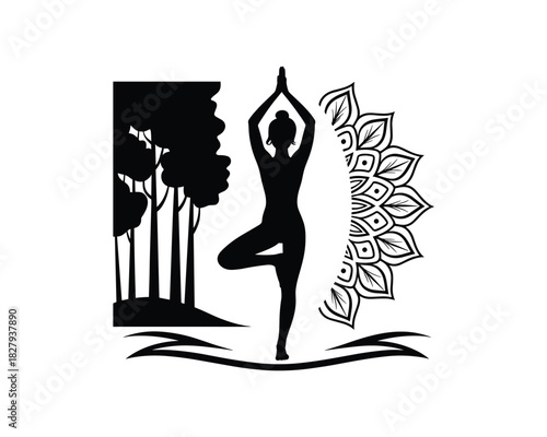 Yoga posture combined with nature and mandala design in monochrome style