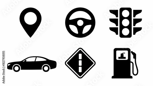 Transportation and Navigation Icon Set Black and White Car Gas Traffic Signal Location and Road Sign Icons