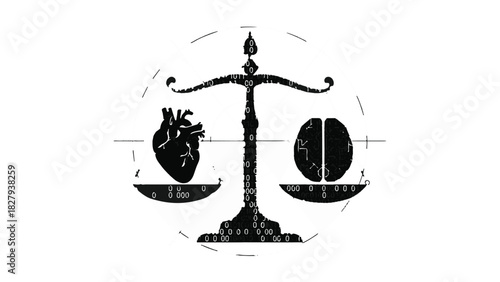 Symbolic scales balancing a heart and brain, representing the choice between emotion and logic.