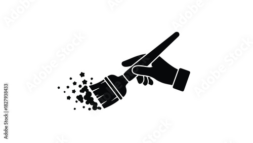 Hand holding paintbrush creating a cloud of colorful particles against a white background, symbolizing creativity or art.