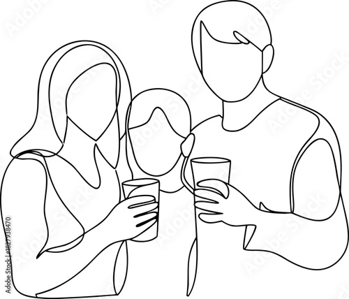 Family celebration with drinks in continuous line style