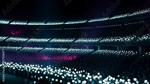 Massive stadium concert crowd waving glowing blue light sticks in a dark arena, rendered in a cinematic 3D animation for entertainment and music festival backgrounds.