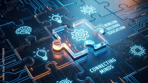 Online education technology concept. Digital puzzle pieces symbolizing education and problem-solving concepts illuminated on a circuit board background.