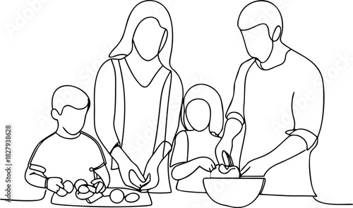 Family cooking together continuous line art illustration
