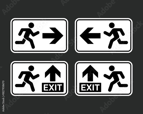 Emergency exit signs set, running person and directional arrows