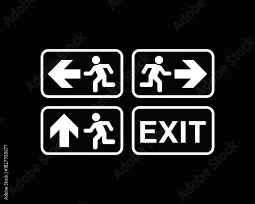 Emergency exit signs collection. evacuation route arrows and exit text.