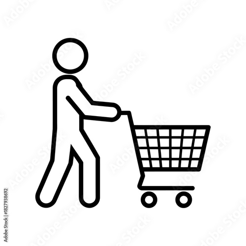 Stick figure person pushing empty shopping cart, retail icon