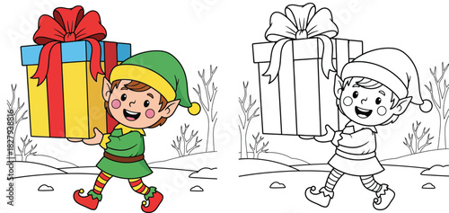 Cute Christmas elf carrying a large gift box walking in winter snow vector illustration set in color and black and white outline suitable for coloring book page and holiday design